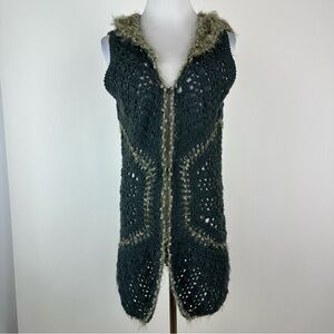 Fuzzy Trim Dark Green Crochet Hooded Vest - Women Sweater